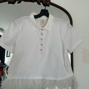 Cinq a Sept White Feather Trim Polo Shirt